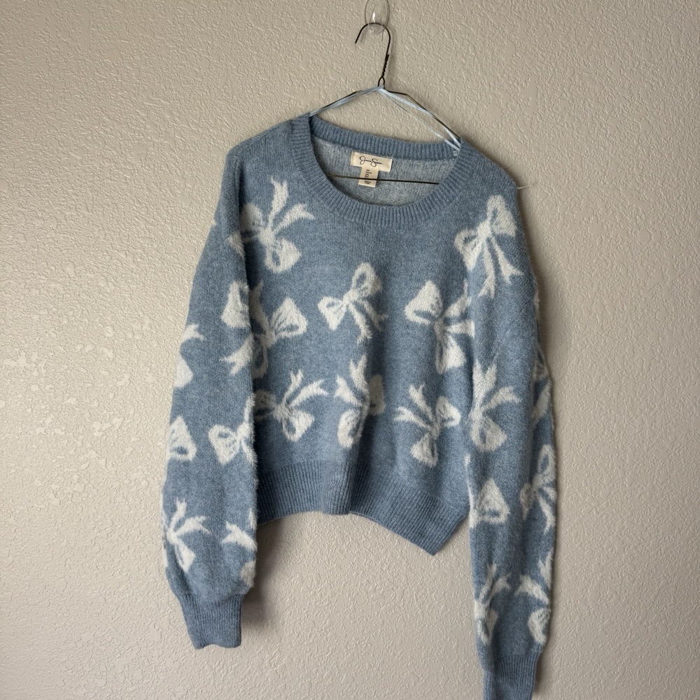 Jessica Simpson Blue Bow Pullover Sweater Crew Neck Long Sleeve Women's Large